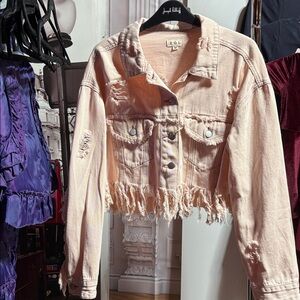 Distressed Fringe Oversized Denim Jacket – powder, pink